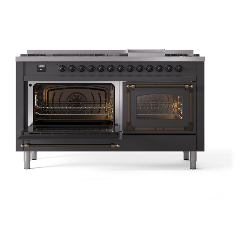 Nostalgie II Noblesse 60″ Dual Fuel Range      (9 Sealed Burners + Griddle, Liquid Propane, Triple Glass Door, Graphite Matte, Burnished) UN60FNMPMGBLP