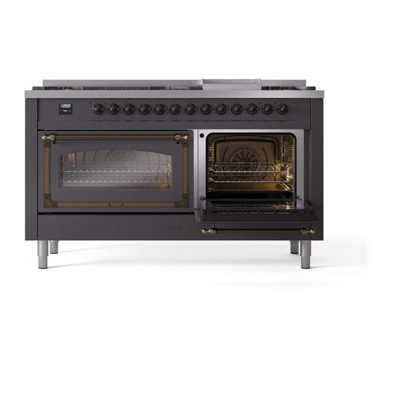 Nostalgie II Noblesse 60″ Dual Fuel Range      (9 Sealed Burners + Griddle, Liquid Propane, Triple Glass Door, Graphite Matte, Burnished) UN60FNMPMGBLP