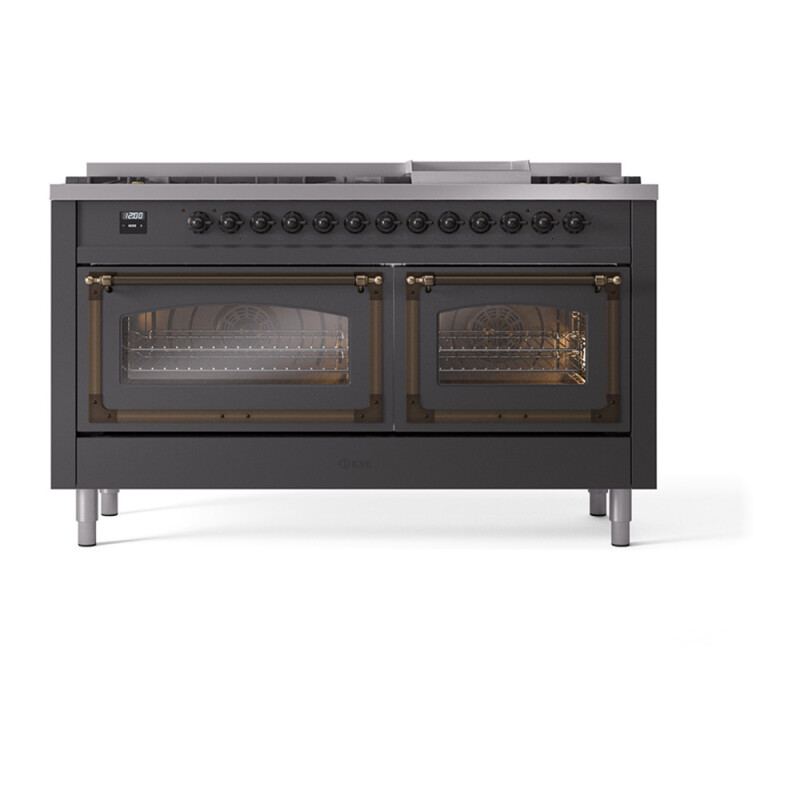 Nostalgie II Noblesse 60″ Dual Fuel Range      (9 Sealed Burners + Griddle, Liquid Propane, Triple Glass Door, Graphite Matte, Burnished) UN60FNMPMGBLP