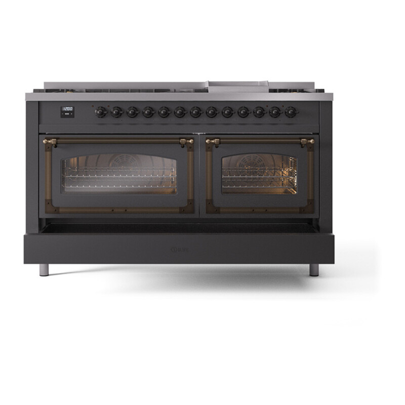 Nostalgie II Noblesse 60″ Dual Fuel Range      (9 Sealed Burners + Griddle, Liquid Propane, Triple Glass Door, Graphite Matte, Burnished) UN60FNMPMGBLP