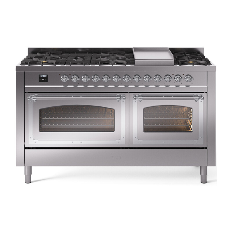 Nostalgie II Noblesse 60″ Dual Fuel Range      (9 Sealed Burners + Griddle, Natural Gas, Triple Glass Door, Stainless Steel, Chrome) UN60FNMPSSC