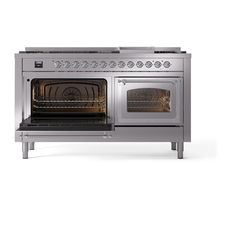 Nostalgie II Noblesse 60″ Dual Fuel Range (9 Sealed Burners + Griddle, Natural Gas, Triple Glass Door, Stainless Steel, Chrome) UN60FNMPSSC