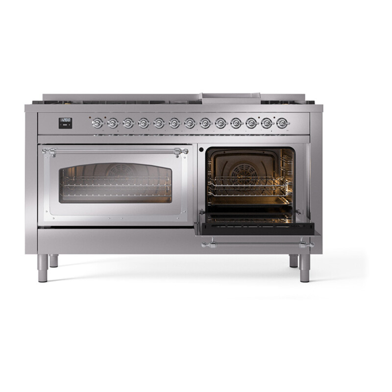 Nostalgie II Noblesse 60″ Dual Fuel Range (9 Sealed Burners + Griddle, Natural Gas, Triple Glass Door, Stainless Steel, Chrome) UN60FNMPSSC