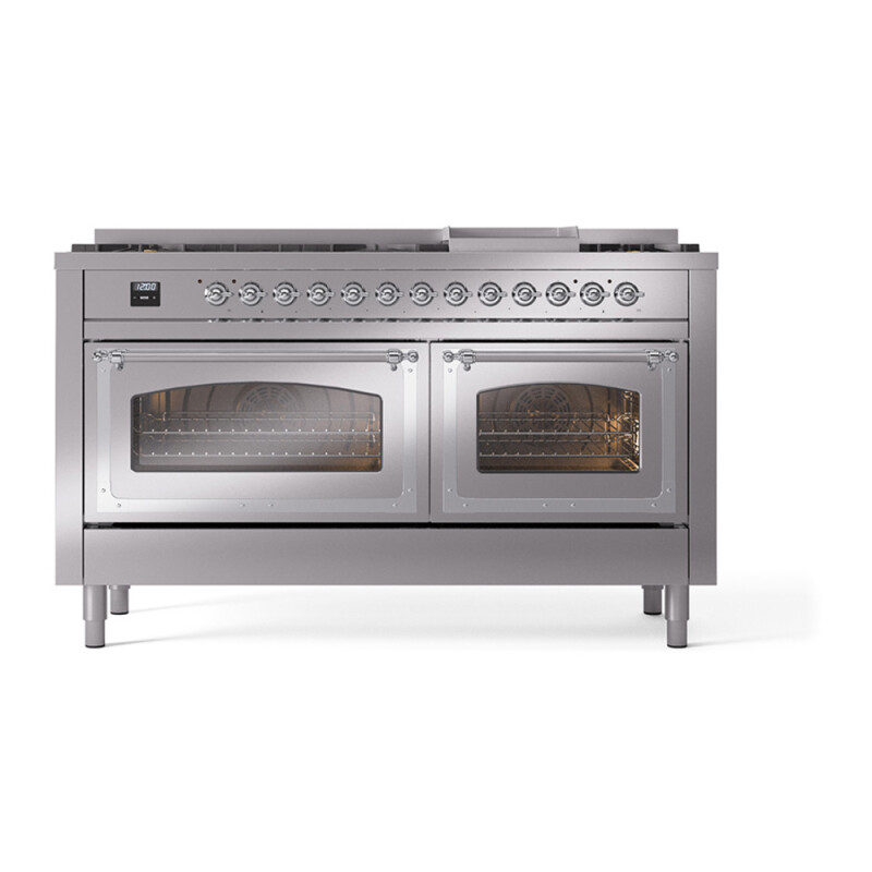 Nostalgie II Noblesse 60″ Dual Fuel Range (9 Sealed Burners + Griddle, Natural Gas, Triple Glass Door, Stainless Steel, Chrome) UN60FNMPSSC