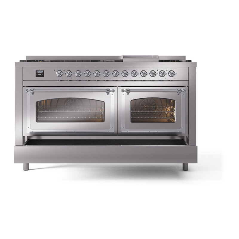 Nostalgie II Noblesse 60″ Dual Fuel Range (9 Sealed Burners + Griddle, Natural Gas, Triple Glass Door, Stainless Steel, Chrome) UN60FNMPSSC