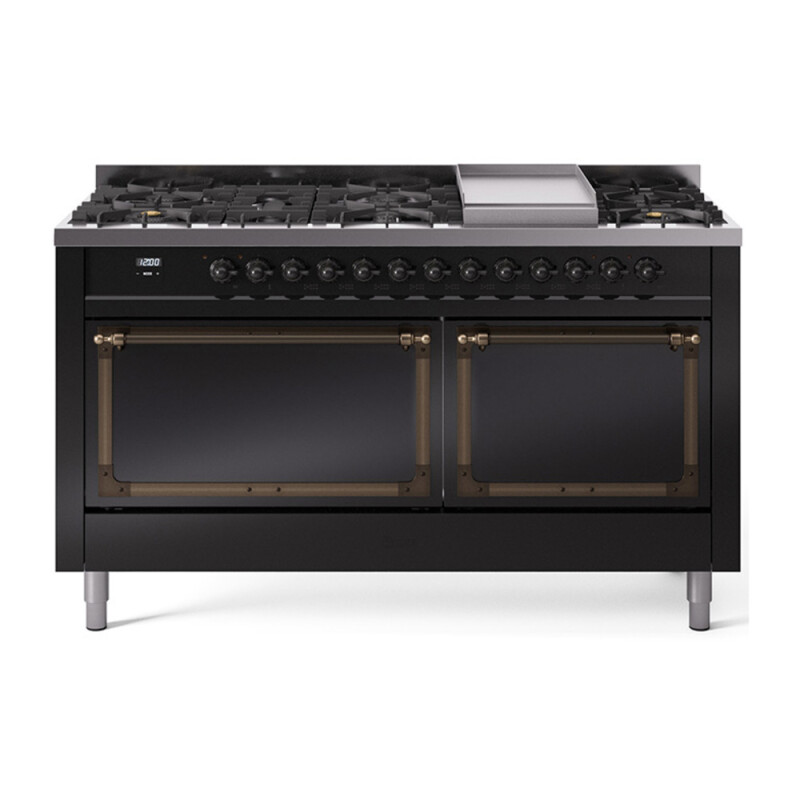 Nostalgie II Noblesse 60″ Dual Fuel Range      (9 Sealed Burners + Griddle, Natural Gas, Solid Door, Glossy Black, Burnished) UN60FQNMPBKB