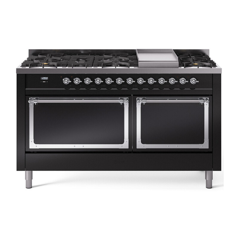 Nostalgie II Noblesse 60″ Dual Fuel Range (9 Sealed Burners + Griddle, Natural Gas, Solid Door, Glossy Black, Chrome) UN60FQNMPBKC