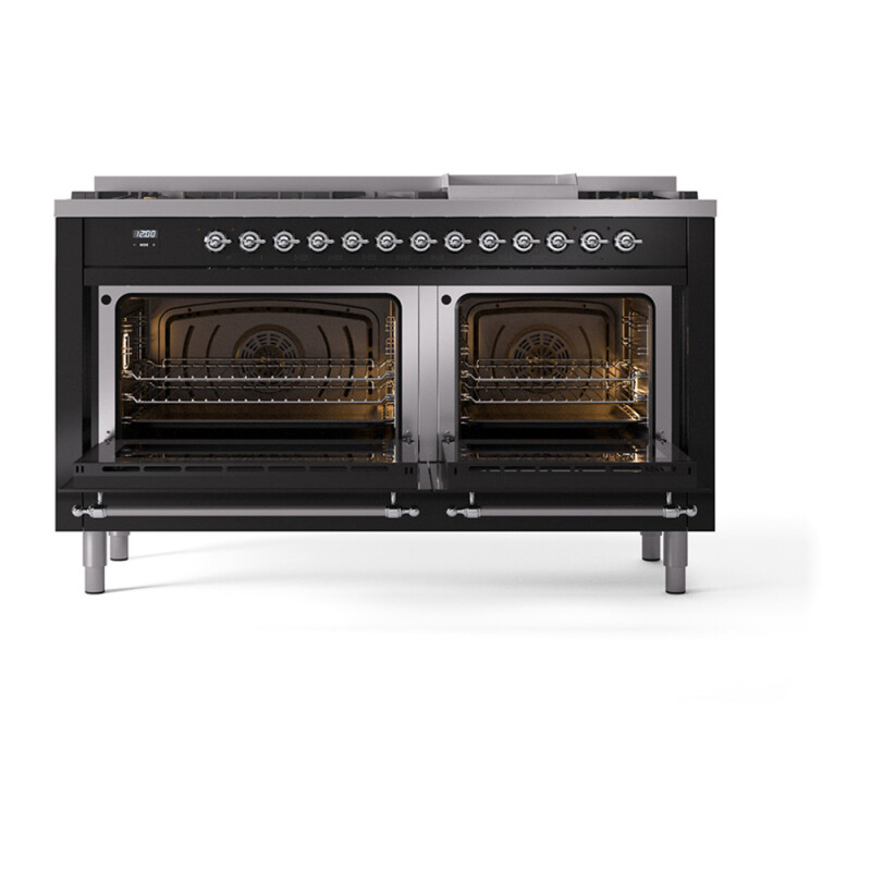 Nostalgie II Noblesse 60″ Dual Fuel Range (9 Sealed Burners + Griddle, Natural Gas, Solid Door, Glossy Black, Chrome) UN60FQNMPBKC