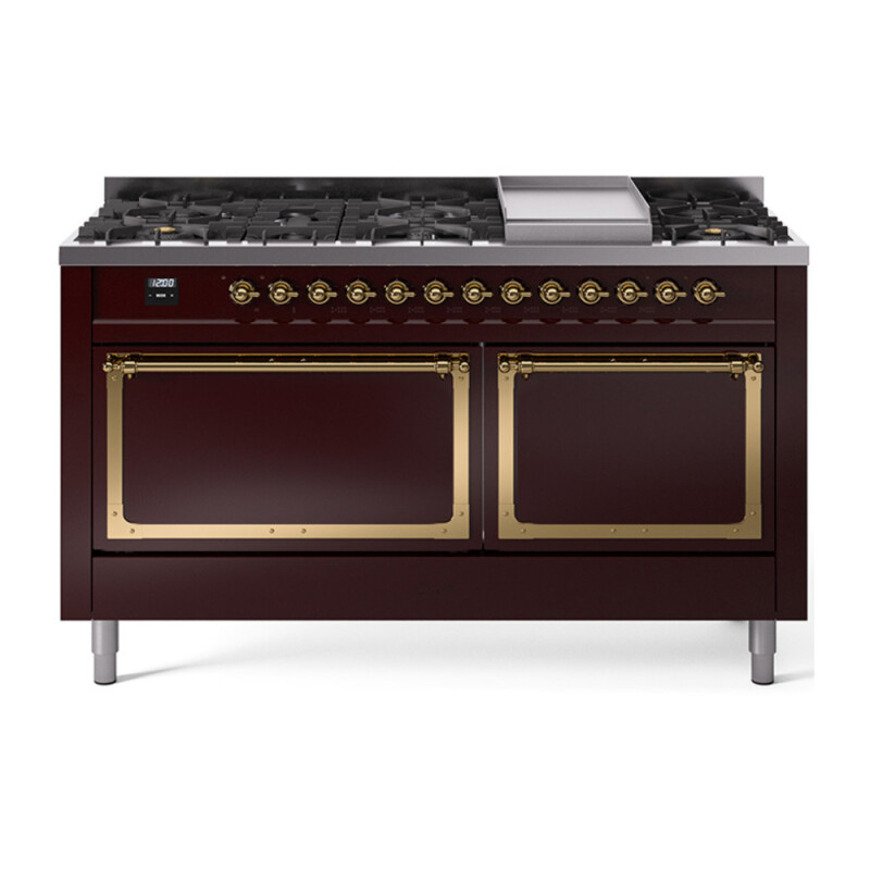 Nostalgie II Noblesse 60″ Dual Fuel Range      (9 Sealed Burners + Griddle, Natural Gas, Solid Door, Burgundy, Brass) UN60FQNMPBUG