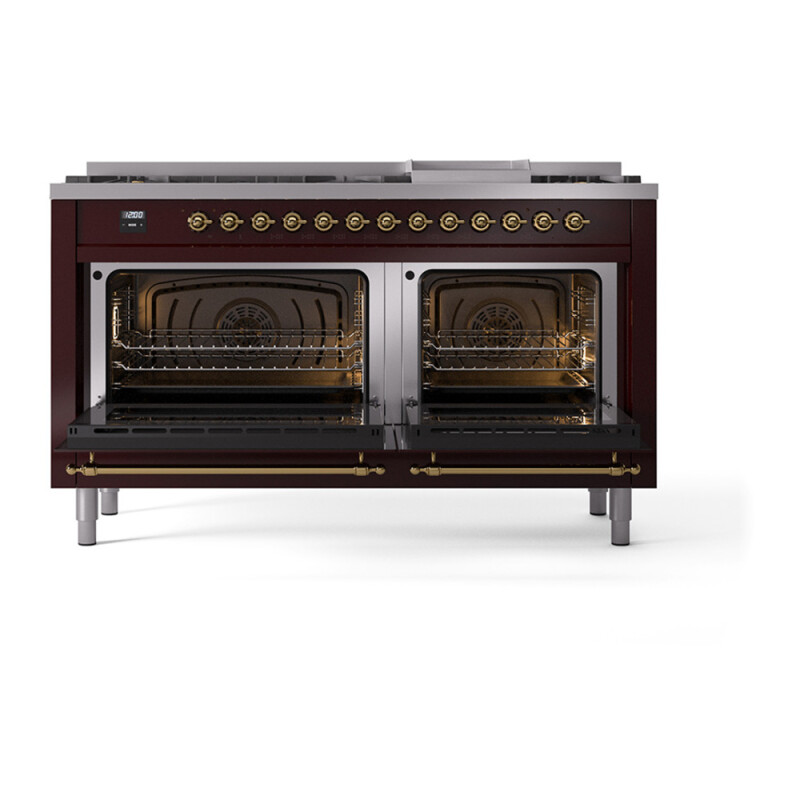 Nostalgie II Noblesse 60″ Dual Fuel Range      (9 Sealed Burners + Griddle, Natural Gas, Solid Door, Burgundy, Brass) UN60FQNMPBUG