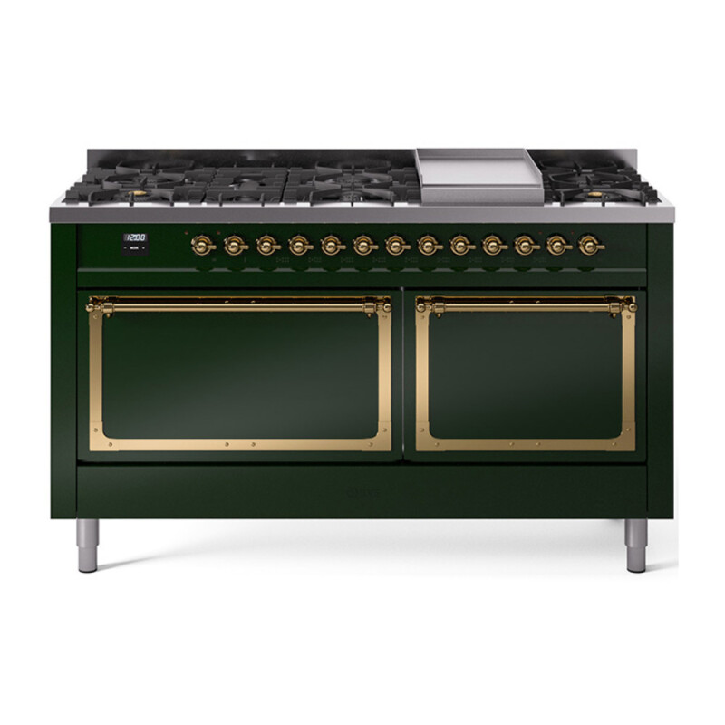 Nostalgie II Noblesse 60″ Dual Fuel Range      (9 Sealed Burners + Griddle, Natural Gas, Solid Door, Emerald Green, Brass) UN60FQNMPEGG