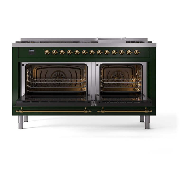 Nostalgie II Noblesse 60″ Dual Fuel Range      (9 Sealed Burners + Griddle, Natural Gas, Solid Door, Emerald Green, Brass) UN60FQNMPEGG