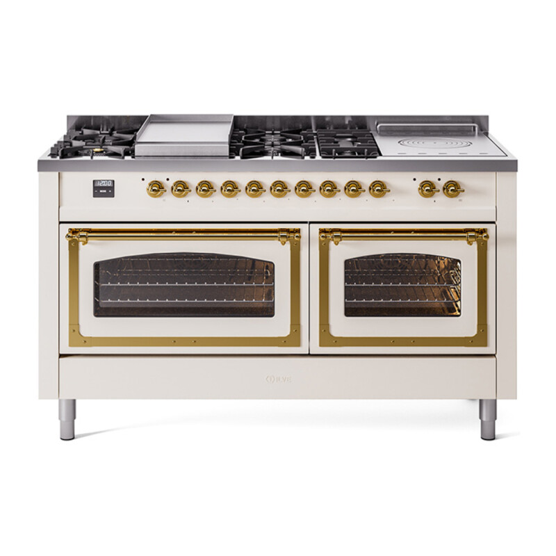 Nostalgie II Noblesse 60″ Dual Fuel Range      (7 Sealed Burners + Griddle + French Top, Natural Gas, Triple Glass Door, Antique White, Brass) UN60FSNMPAWG