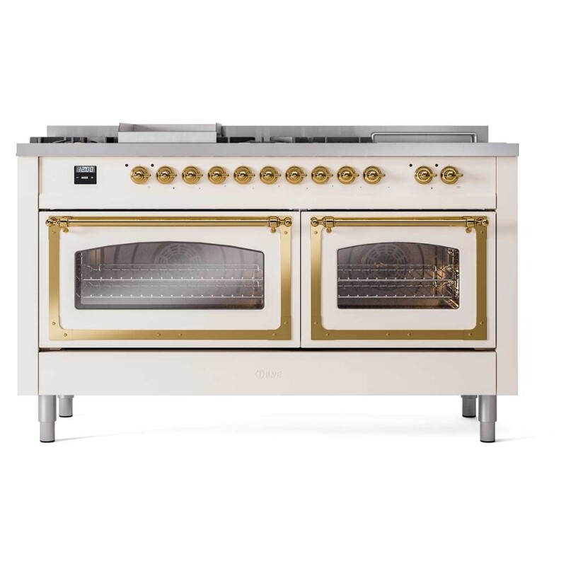 Nostalgie II Noblesse 60″ Dual Fuel Range      (7 Sealed Burners + Griddle + French Top, Natural Gas, Triple Glass Door, Antique White, Brass) UN60FSNMPAWG