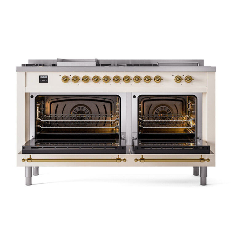 Nostalgie II Noblesse 60″ Dual Fuel Range      (7 Sealed Burners + Griddle + French Top, Natural Gas, Triple Glass Door, Antique White, Brass) UN60FSNMPAWG