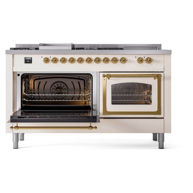 Nostalgie II Noblesse 60″ Dual Fuel Range      (7 Sealed Burners + Griddle + French Top, Natural Gas, Triple Glass Door, Antique White, Brass) UN60FSNMPAWG