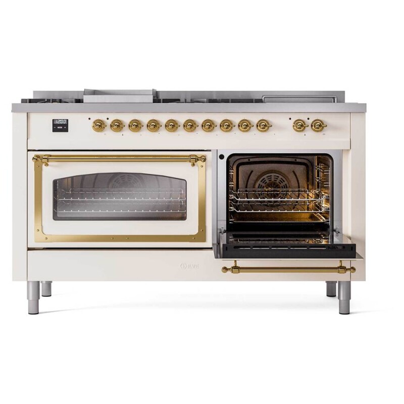 Nostalgie II Noblesse 60″ Dual Fuel Range      (7 Sealed Burners + Griddle + French Top, Natural Gas, Triple Glass Door, Antique White, Brass) UN60FSNMPAWG