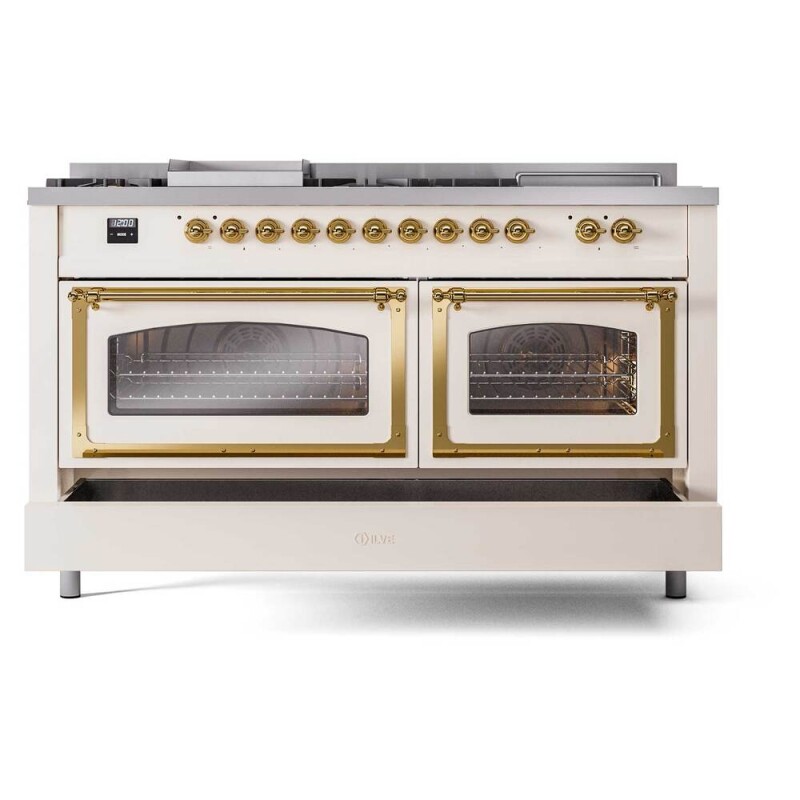 Nostalgie II Noblesse 60″ Dual Fuel Range      (7 Sealed Burners + Griddle + French Top, Natural Gas, Triple Glass Door, Antique White, Brass) UN60FSNMPAWG