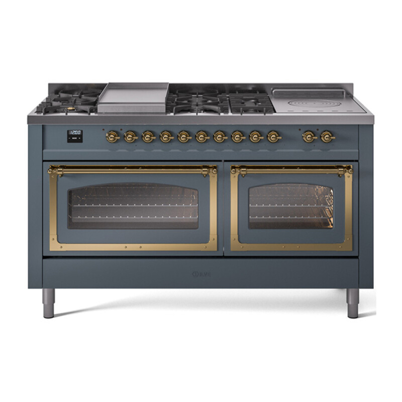 Nostalgie II Noblesse 60″ Dual Fuel Range (7 Sealed Burners + Griddle + French Top, Liquid Propane, Triple Glass Door, Blue Grey, Brass) UN60FSNMPBGGLP