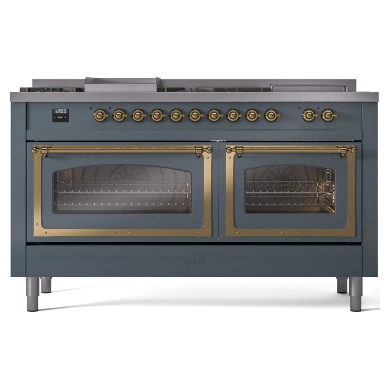 Nostalgie II Noblesse 60″ Dual Fuel Range (7 Sealed Burners + Griddle + French Top, Liquid Propane, Triple Glass Door, Blue Grey, Brass) UN60FSNMPBGGLP