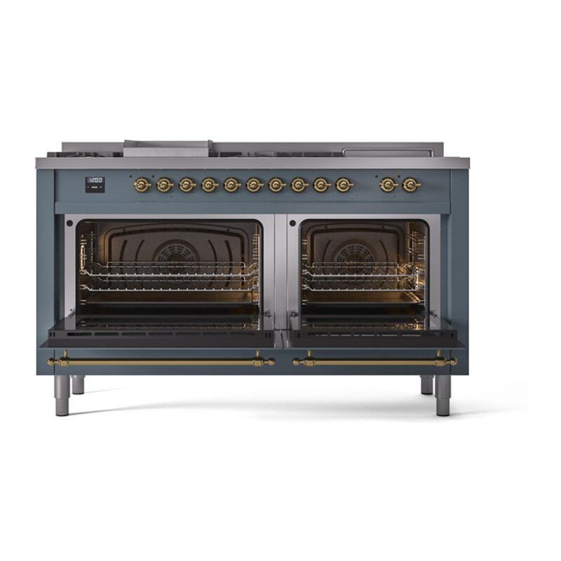 Nostalgie II Noblesse 60″ Dual Fuel Range (7 Sealed Burners + Griddle + French Top, Liquid Propane, Triple Glass Door, Blue Grey, Brass) UN60FSNMPBGGLP
