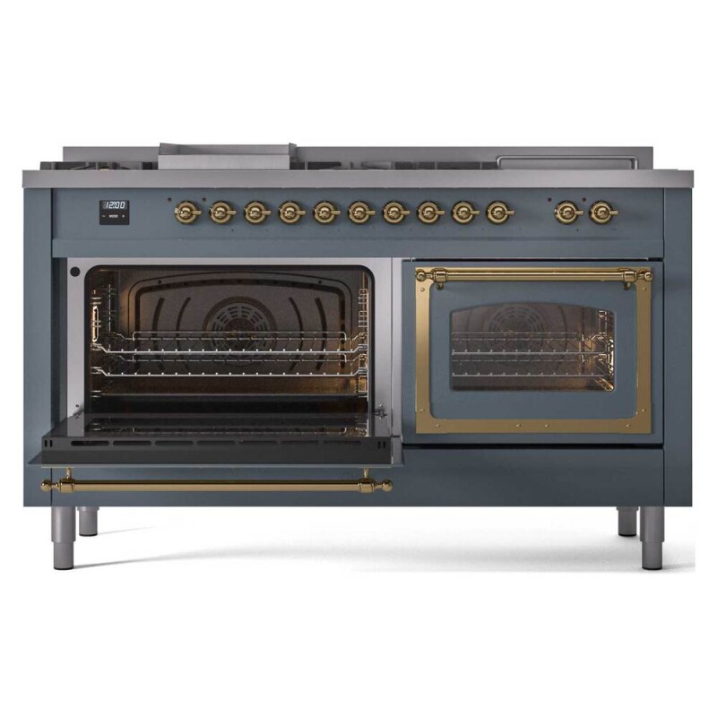 Nostalgie II Noblesse 60″ Dual Fuel Range (7 Sealed Burners + Griddle + French Top, Liquid Propane, Triple Glass Door, Blue Grey, Brass) UN60FSNMPBGGLP