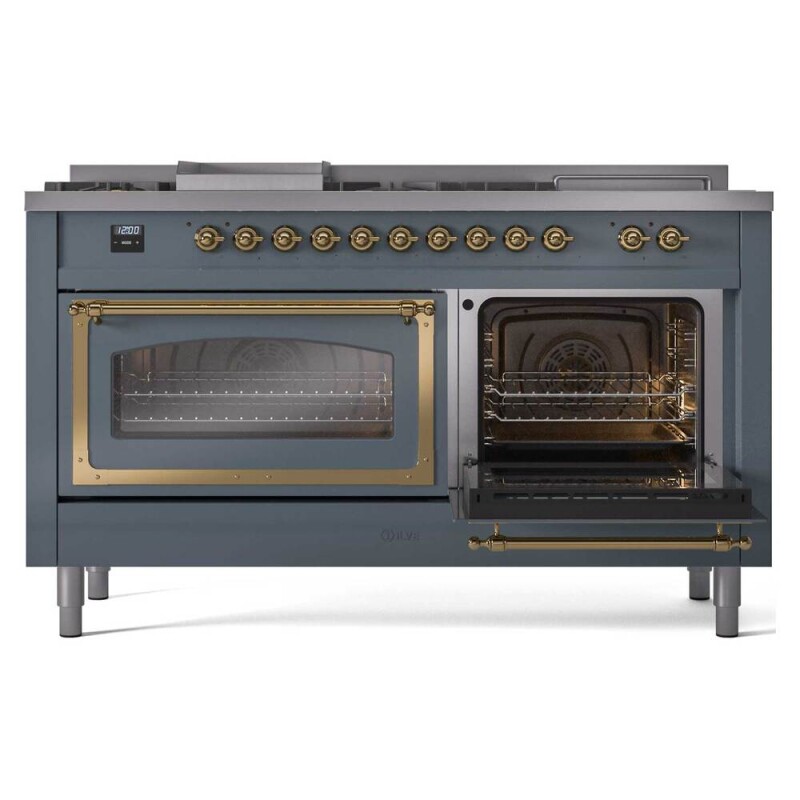 Nostalgie II Noblesse 60″ Dual Fuel Range (7 Sealed Burners + Griddle + French Top, Liquid Propane, Triple Glass Door, Blue Grey, Brass) UN60FSNMPBGGLP