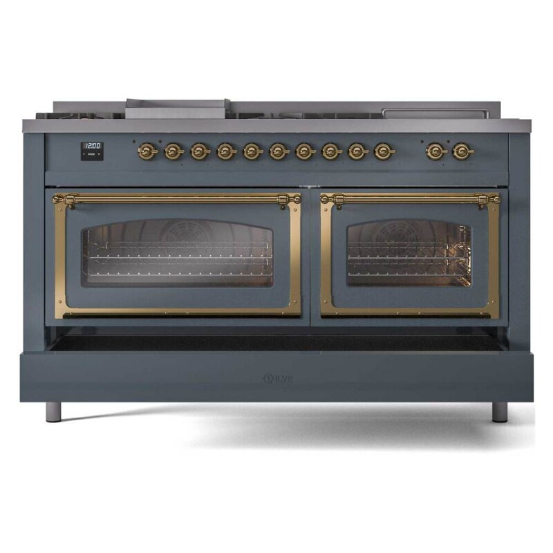 Nostalgie II Noblesse 60″ Dual Fuel Range (7 Sealed Burners + Griddle + French Top, Liquid Propane, Triple Glass Door, Blue Grey, Brass) UN60FSNMPBGGLP