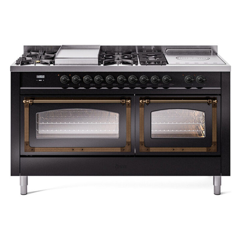 Nostalgie II Noblesse 60″ Dual Fuel Range      (7 Sealed Burners + Griddle + French Top, Liquid Propane, Triple Glass Door, Glossy Black, Burnished) UN60FSNMPBKBLP