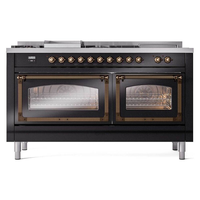 Nostalgie II Noblesse 60″ Dual Fuel Range      (7 Sealed Burners + Griddle + French Top, Liquid Propane, Triple Glass Door, Glossy Black, Burnished) UN60FSNMPBKBLP