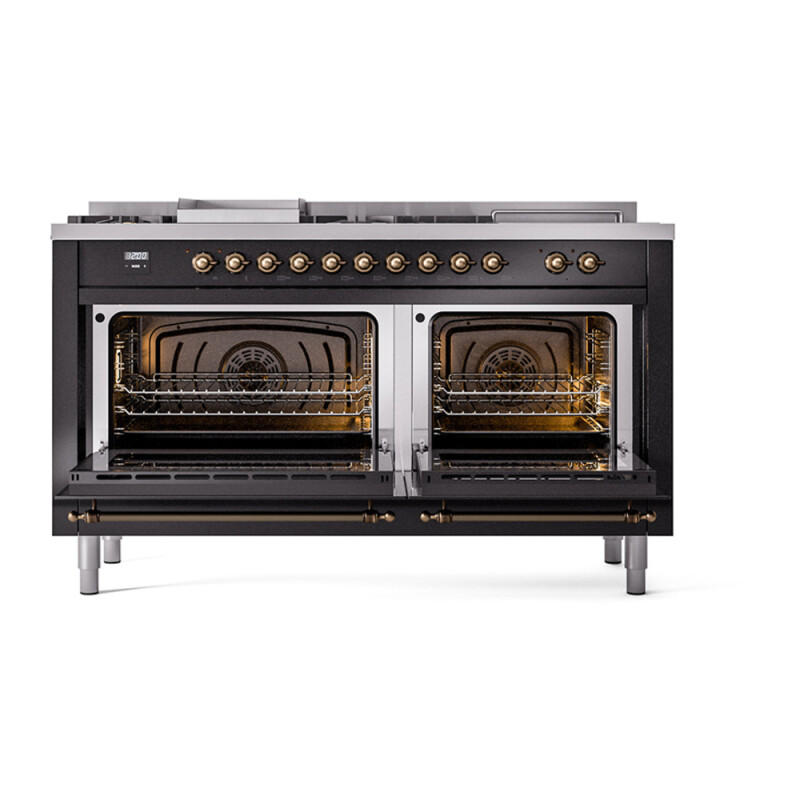 Nostalgie II Noblesse 60″ Dual Fuel Range      (7 Sealed Burners + Griddle + French Top, Liquid Propane, Triple Glass Door, Glossy Black, Burnished) UN60FSNMPBKBLP