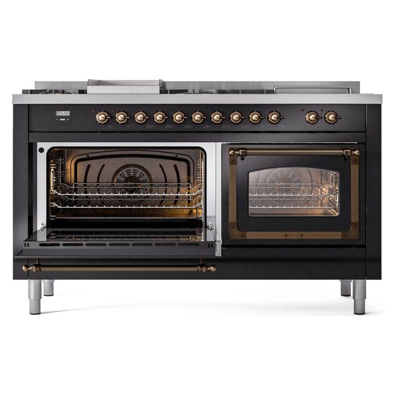 Nostalgie II Noblesse 60″ Dual Fuel Range      (7 Sealed Burners + Griddle + French Top, Liquid Propane, Triple Glass Door, Glossy Black, Burnished) UN60FSNMPBKBLP