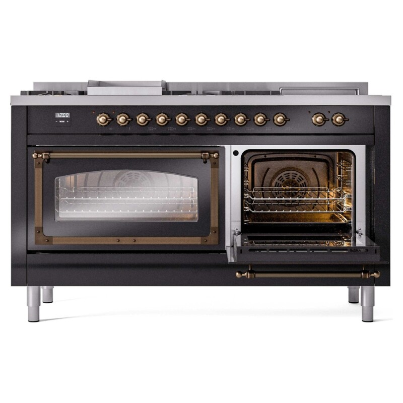 Nostalgie II Noblesse 60″ Dual Fuel Range      (7 Sealed Burners + Griddle + French Top, Liquid Propane, Triple Glass Door, Glossy Black, Burnished) UN60FSNMPBKBLP