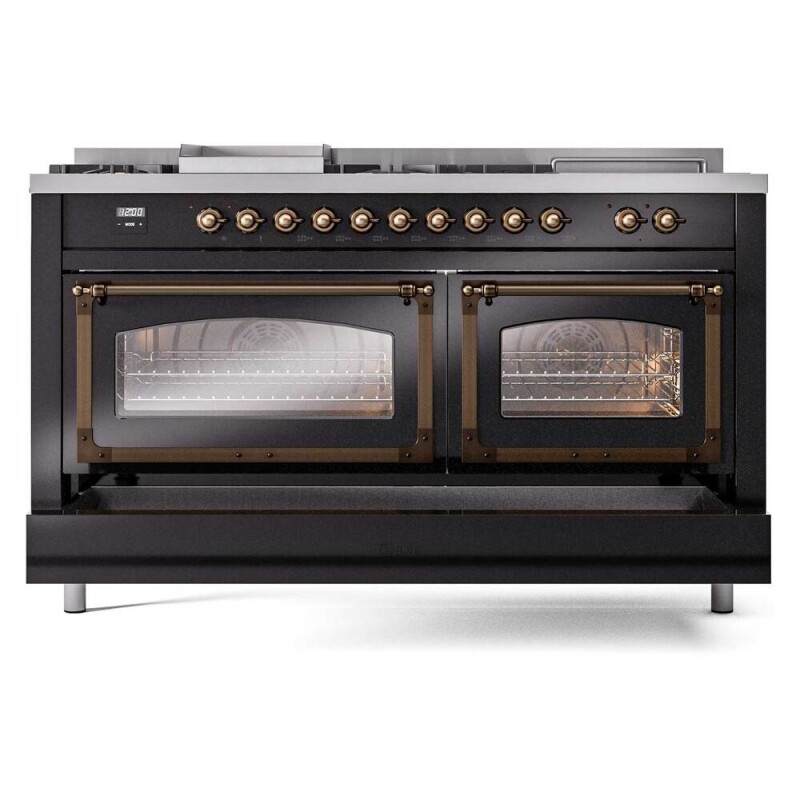 Nostalgie II Noblesse 60″ Dual Fuel Range      (7 Sealed Burners + Griddle + French Top, Liquid Propane, Triple Glass Door, Glossy Black, Burnished) UN60FSNMPBKBLP