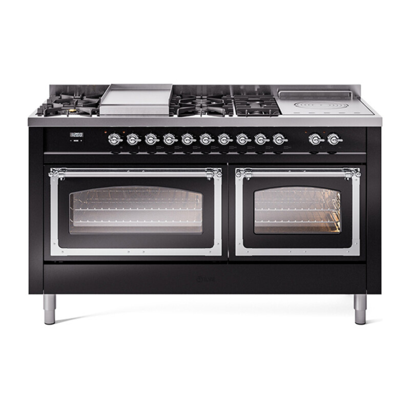 Nostalgie II Noblesse 60″ Dual Fuel Range (7 Sealed Burners + Griddle + French Top, Natural Gas, Triple Glass Door, Glossy Black, Chrome) UN60FSNMPBKC