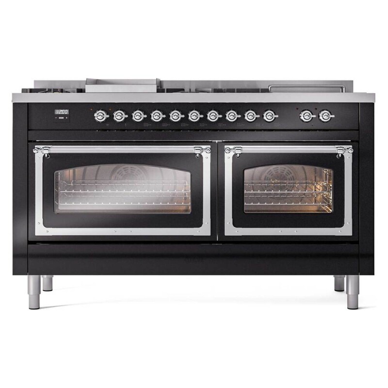 Nostalgie II Noblesse 60″ Dual Fuel Range (7 Sealed Burners + Griddle + French Top, Natural Gas, Triple Glass Door, Glossy Black, Chrome) UN60FSNMPBKC