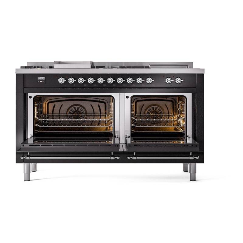 Nostalgie II Noblesse 60″ Dual Fuel Range (7 Sealed Burners + Griddle + French Top, Natural Gas, Triple Glass Door, Glossy Black, Chrome) UN60FSNMPBKC