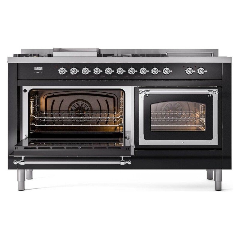 Nostalgie II Noblesse 60″ Dual Fuel Range (7 Sealed Burners + Griddle + French Top, Natural Gas, Triple Glass Door, Glossy Black, Chrome) UN60FSNMPBKC