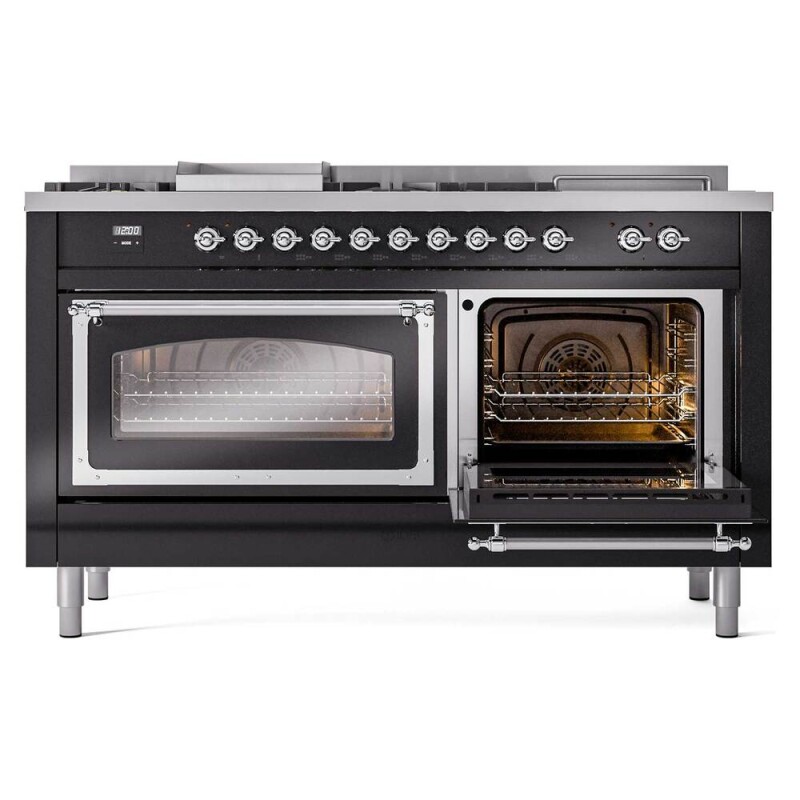 Nostalgie II Noblesse 60″ Dual Fuel Range (7 Sealed Burners + Griddle + French Top, Natural Gas, Triple Glass Door, Glossy Black, Chrome) UN60FSNMPBKC