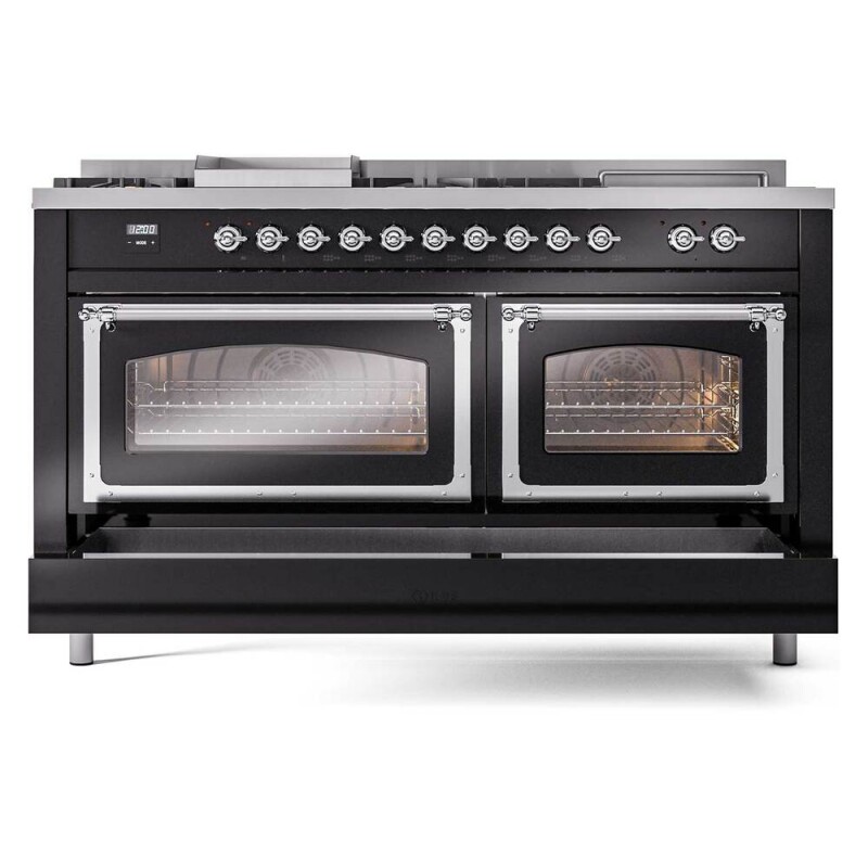 Nostalgie II Noblesse 60″ Dual Fuel Range (7 Sealed Burners + Griddle + French Top, Natural Gas, Triple Glass Door, Glossy Black, Chrome) UN60FSNMPBKC
