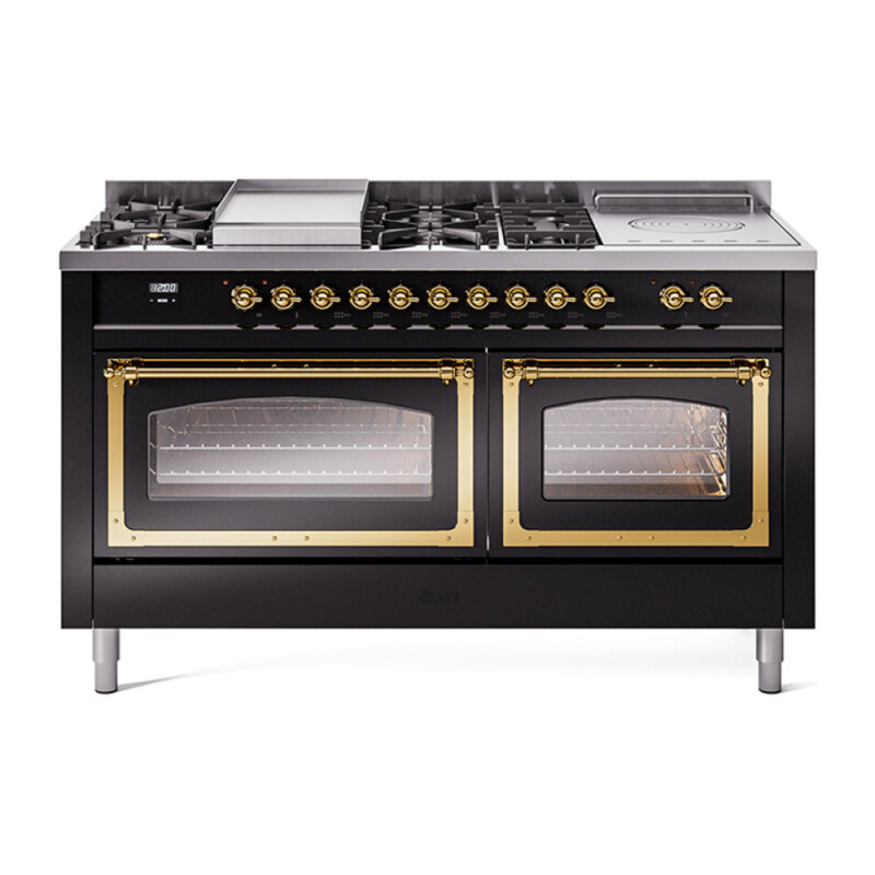 Nostalgie II Noblesse 60″ Dual Fuel Range      (7 Sealed Burners + Griddle + French Top, Liquid Propane, Triple Glass Door, Glossy Black, Brass) UN60FSNMPBKGLP