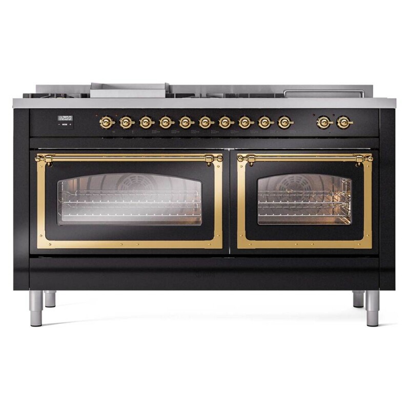 Nostalgie II Noblesse 60″ Dual Fuel Range      (7 Sealed Burners + Griddle + French Top, Liquid Propane, Triple Glass Door, Glossy Black, Brass) UN60FSNMPBKGLP