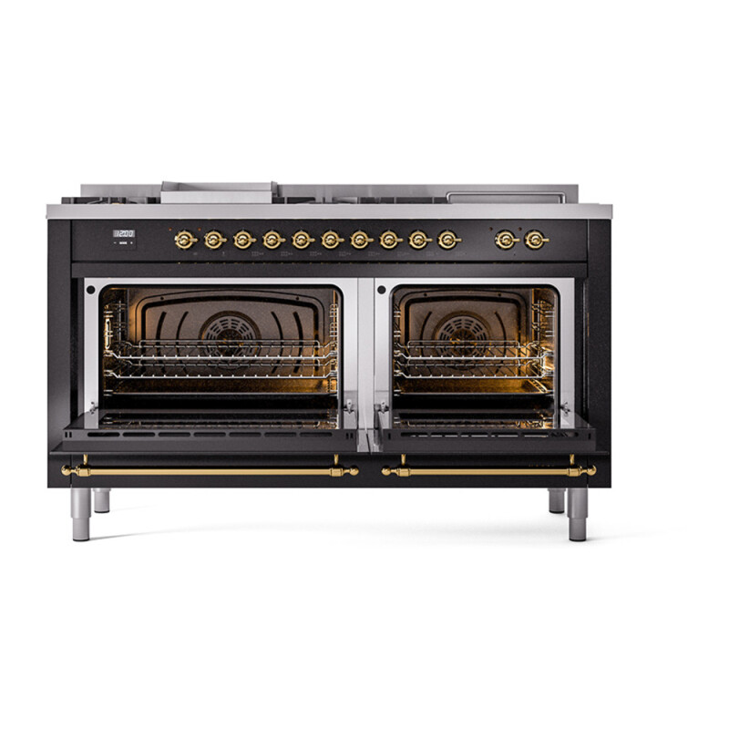 Nostalgie II Noblesse 60″ Dual Fuel Range      (7 Sealed Burners + Griddle + French Top, Liquid Propane, Triple Glass Door, Glossy Black, Brass) UN60FSNMPBKGLP