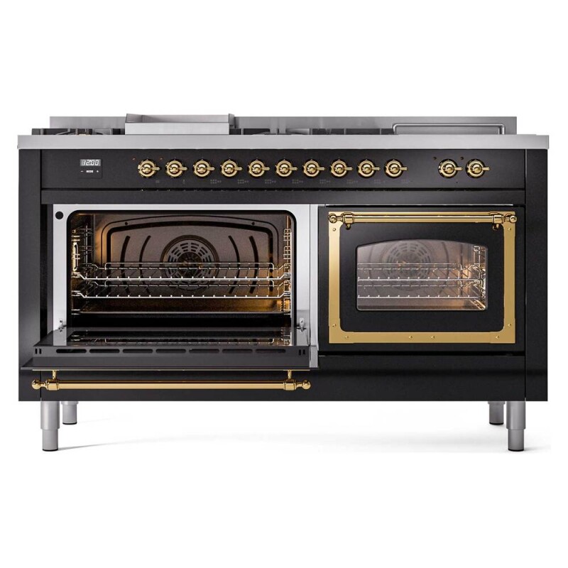 Nostalgie II Noblesse 60″ Dual Fuel Range      (7 Sealed Burners + Griddle + French Top, Liquid Propane, Triple Glass Door, Glossy Black, Brass) UN60FSNMPBKGLP