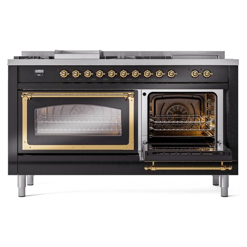 Nostalgie II Noblesse 60″ Dual Fuel Range      (7 Sealed Burners + Griddle + French Top, Liquid Propane, Triple Glass Door, Glossy Black, Brass) UN60FSNMPBKGLP