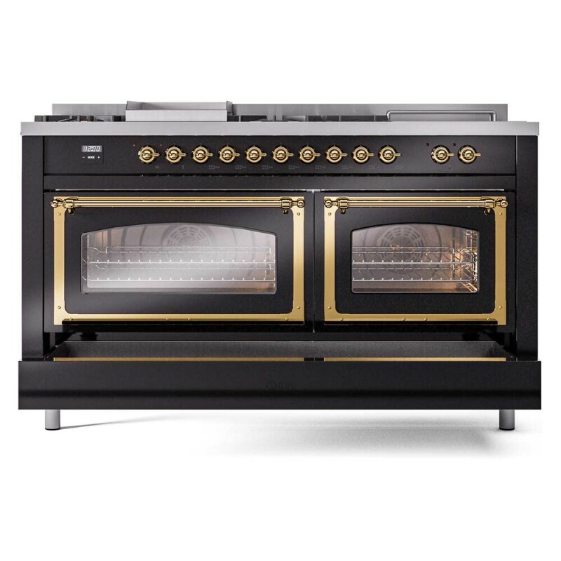Nostalgie II Noblesse 60″ Dual Fuel Range      (7 Sealed Burners + Griddle + French Top, Liquid Propane, Triple Glass Door, Glossy Black, Brass) UN60FSNMPBKGLP