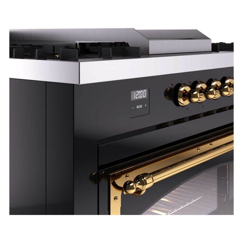 Nostalgie II Noblesse 60″ Dual Fuel Range      (7 Sealed Burners + Griddle + French Top, Liquid Propane, Triple Glass Door, Glossy Black, Brass) UN60FSNMPBKGLP