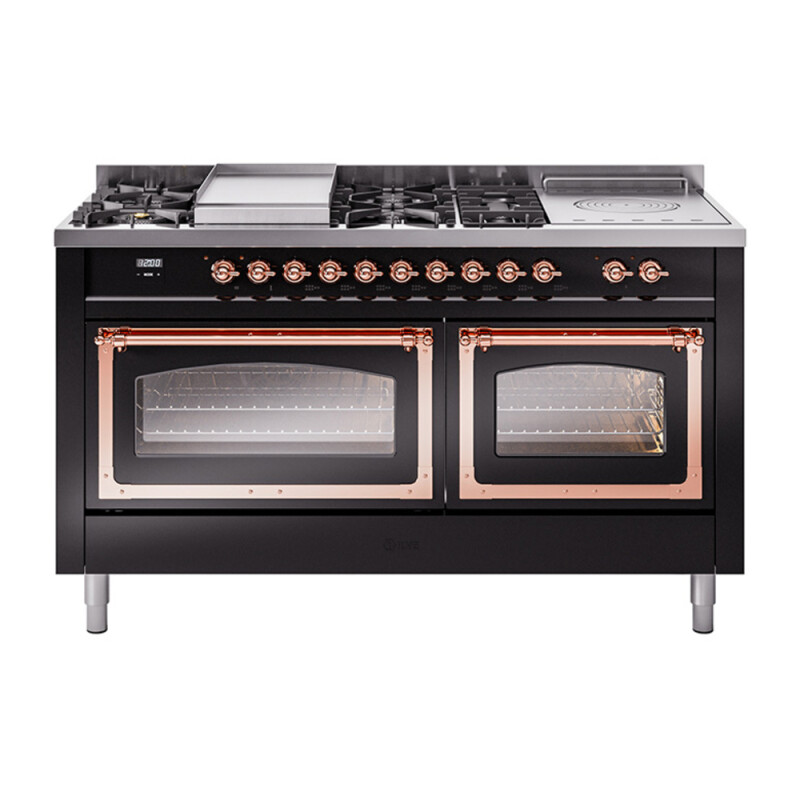 Nostalgie II Noblesse 60″ Dual Fuel Range      (7 Sealed Burners + Griddle + French Top, Natural Gas, Triple Glass Door, Glossy Black, Copper) UN60FSNMPBKP
