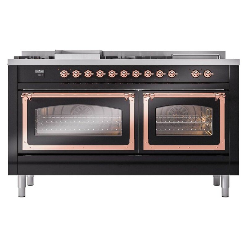 Nostalgie II Noblesse 60″ Dual Fuel Range      (7 Sealed Burners + Griddle + French Top, Natural Gas, Triple Glass Door, Glossy Black, Copper) UN60FSNMPBKP