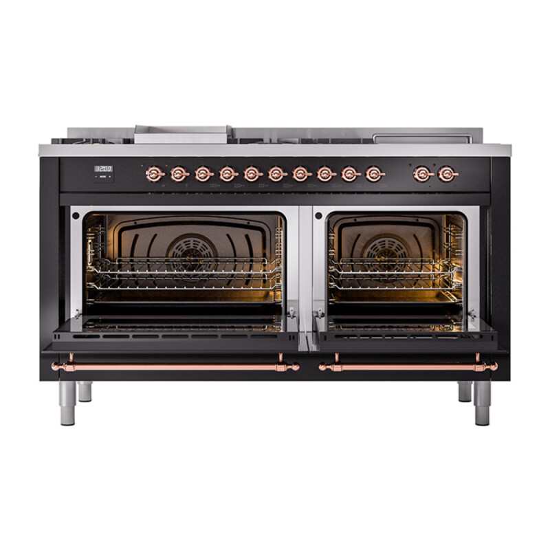 Nostalgie II Noblesse 60″ Dual Fuel Range      (7 Sealed Burners + Griddle + French Top, Natural Gas, Triple Glass Door, Glossy Black, Copper) UN60FSNMPBKP
